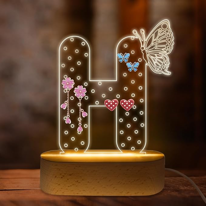 COSHAYSOO Earring Holder Organizer Initial Acrylic with Butterfly Decorations House Warming Gifts New Home Vanity Desk Dressing Table Jewelry Storage, LED Night Light Room Bedroom Decor Letter H