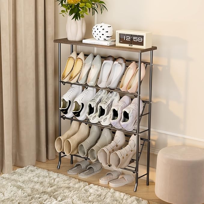 JZM Shoe Rack Storage, Narrow 4 Tier Metal Shoe Storage Shelf, Free Standing Shoe Racks, Space Saving Shoe Rack Organizer for Entryway, Hallway, Bedroom, Living Room(12-16 Pair)