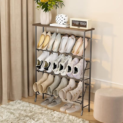 JZM Shoe Rack Storage, Narrow 4 Tier Metal Shoe Storage Shelf, Free Standing Shoe Racks, Space Saving Shoe Rack Organizer for Entryway, Hallway, Bedroom, Living Room(12-16 Pair)