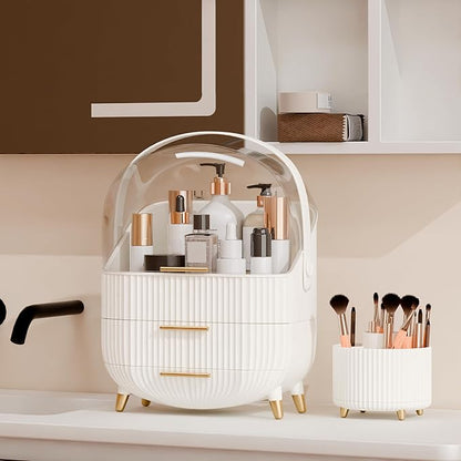 lurcns Makeup Organizers and Storage Make up Organizer for Vanity Cosmetics Skincare With Lid and Drawers Display Cases for Countertop Bathroom Women Teenager Girl Gifts(White+Brush Holder)