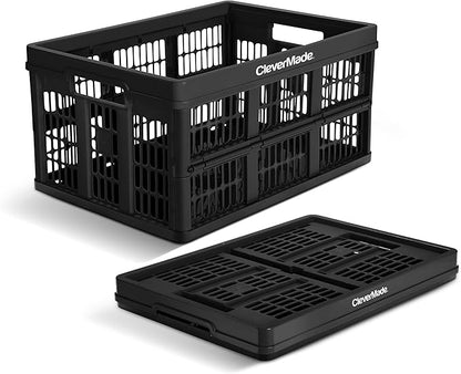 CleverMade Collapsible Utility Crate 45L Foldable Plastic Crate with Heavy Duty 66 lb Capacity for Storage, Trunk Organization, & Moving - Obsidian