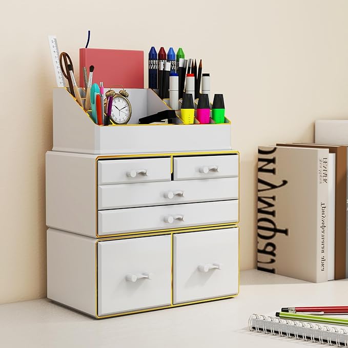 Delamu 3-Tier 6-Drawer Makeup Organizer Countertop Cosmetic Organizer for Dresser and Vanity Bathroom Organizers and Storage for Lipstick Brush Skincare Perfume, Nail Polish, White with Gold Edges