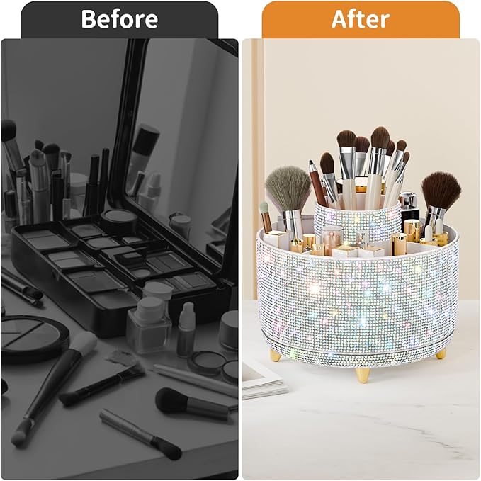 fanado Bling Diamond Makeup Brush Holder, 360° Rotating Makeup Organizer, 5 Slot Make up Brushes Cup for Countertop, Storage for Cosmetics Pen Eyeliner Skincare on the Vanity ((Diamond white AB)