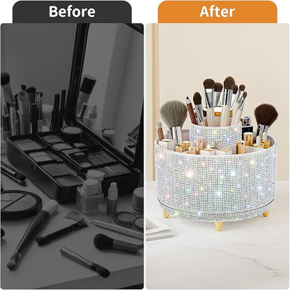 fanado Bling Diamond Makeup Brush Holder, 360° Rotating Makeup Organizer, 5 Slot Make up Brushes Cup for Countertop, Storage for Cosmetics Pen Eyeliner Skincare on the Vanity ((Diamond white AB)