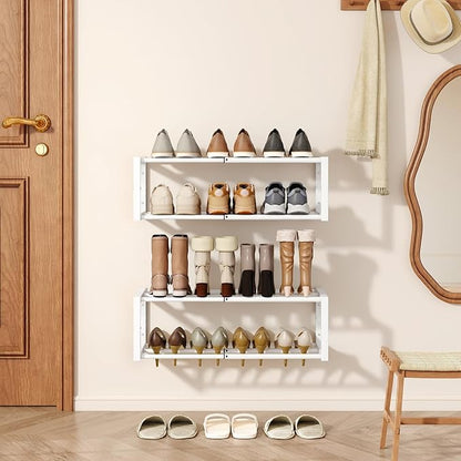 IBUYKE 2 Pack Wall Mounted Shoe Rack, 16"-29” Expandable Hanging Shoe Organizer for 12-16 Pairs, Space Saving Metal Wall Shoe Storage for Entryway Closet, White TXJ001W-2