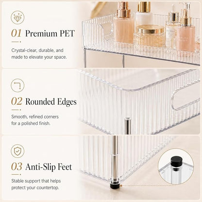 Goderewild 3 Tier Bathroom Counter Organizer, Multi-Purpose Cosmetics Skincare Shelf, Fits A4 Size Makeup Organizer for Office and Vanity Tray, Countertop Storage Solution for Kitchen,Bath.(Clear)