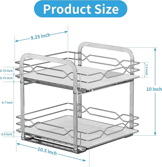 BOIVSHI Pull Out Spice Rack, 2 Tier Spice Organization for Cabinet, Heavy Duty Spice Rack, 9-1/4 inch Wide - Spice Racks for Inside Cabinets, Kitchen, Pantry - Chrome, 9.25”W x 10.39”D x 9.76”H