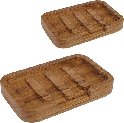 2PCS Self Draining Soap Dish by HTB,Teak Wood Soap Holder,Soap Saver for Shower, Bathroom, Sink, Kitchen and Countertop