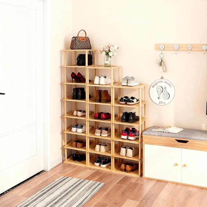 Aniston 8 Tier Bamboo Shoe Rack, Free Standing Slim Narrow Shoe Storage, Vertical Tall Shoe Shelf Organiser for Garage, Closet, Doorway, Corner, Living Room Small Spaces