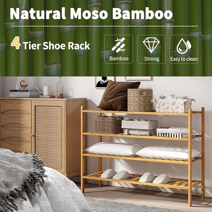 Long Shoe Rack, 4-Tier Bamboo Stackable Shoe Shelf Storage Organizer, Shoe Stand for Closet, Entryway and Hallway