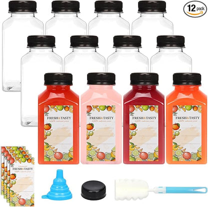TOMNK 12pcs 10oz Plastic Juice Bottles with Caps Empty Reusable Clear Bottles with Label, Funnel and Brush Beverage Containers Bulk with Lids for Juicing, Smoothies, Fridge