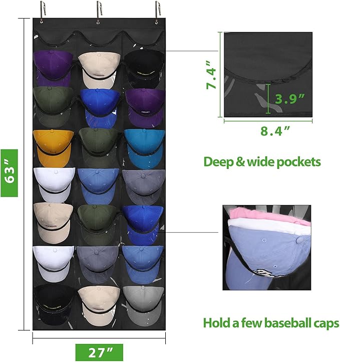 Dofilachy Hat Organizer Racks for Baseball Caps, Visible Hat Holder Rack for Wall Door with 3 Hooks, 24 Deep Pockets
