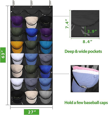 Dofilachy Hat Organizer Racks for Baseball Caps, Visible Hat Holder Rack for Wall Door with 3 Hooks, 24 Deep Pockets