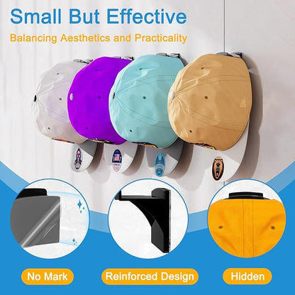24 Pack Adhesive Hat Rack for Wall, Hat Organizer for Baseball Caps, Strong Multi-Purpose Hat Hooks, Hat Holder Hanger on Wall, Door, Closet, No Drilling (Black)