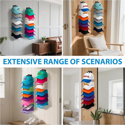 2 Pack Hat Organizer for Baseball Caps, Hat Rack for Wall Hold Up to 16 Hats, Hat Holder with Strong Adhesive and Screws, Hat Organizer Wall Mounted Hat Hanger Display for Door Closet Bedroom(A-Black)