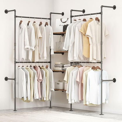 Industrial Pipe Clothing Rack, Heavy Duty Adjustable Garment Hanger with Shelves, 2 Installation Methods Closet Storage System for Wardrobe Organization (Black, 80" H x 86" W)