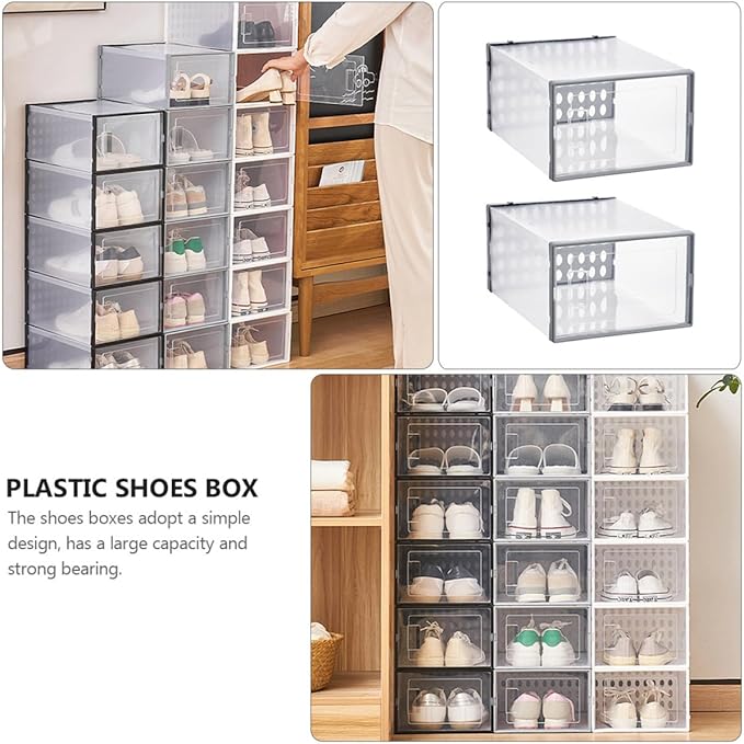 Levemolo High-top Basketball Shoe Boxes 3pcs Gray 34x15.5x24cm Plastic Shoe Organizer Dustproof Moisture-resistant Storage Case for Closet and Home