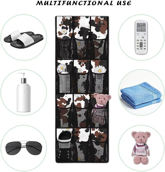 Cow Print Daisy Over the Door Shoe Organizer 12 Large Mesh Pockets Sturdy Oxford Door Shoe Organizer Hanging Shoe Rack for Closet Shoe Holder