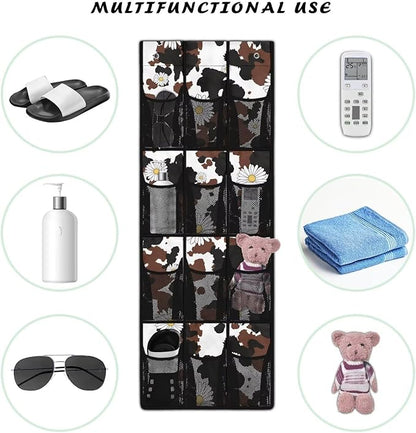 Cow Print Daisy Over the Door Shoe Organizer 12 Large Mesh Pockets Sturdy Oxford Door Shoe Organizer Hanging Shoe Rack for Closet Shoe Holder