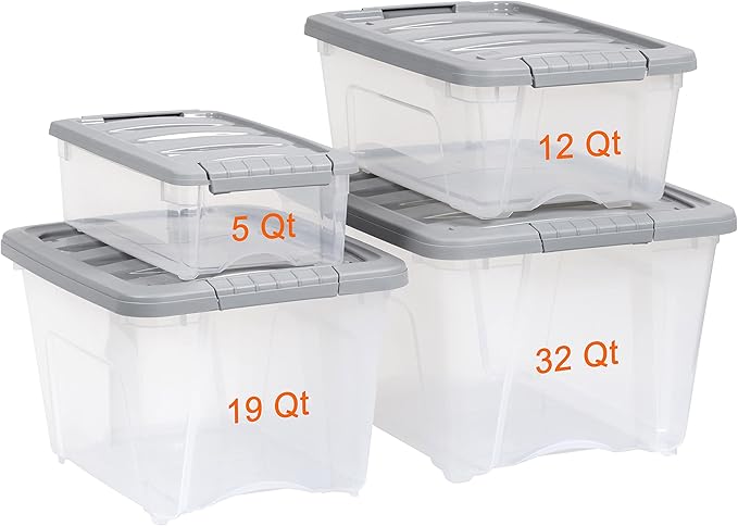 Amazon Basics Plastic Storage Containers with Secure Latching Lids, Stackable Organization Bins for Organizing, Clear/Grey, 12 Quart, Set of 6