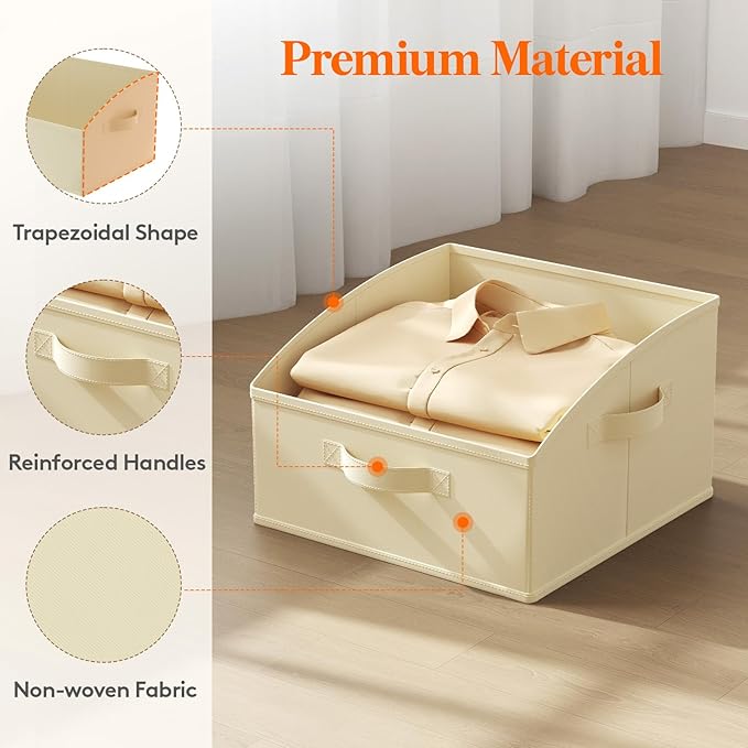 Lifewit Trapezoid Closet Storage Bins for Shelf, 6 Packs Non-woven Closet Organizer Baskets with Handles, Foldable Clothes Containers Boxes for Clothing, Book, Purse, 16L, Medium, Beige