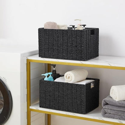 Vagusicc Wicker Storage Basket, Set of 2 Hand-Woven Paper Rope Wicker Basket, Small Storage Baskets for Organizing Toilet Paper Baskets, Foldable Large Cube Storage Organizer Bin for Shelves (Black)