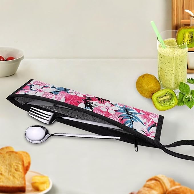 COEQINE Boho Floral Themes Kitchen Utensil Holder Case Pink Silverware Organizer With Leafproof Machine Washable Soft Fabric For Fork Spoon Knife Organizer Table Case With Handles