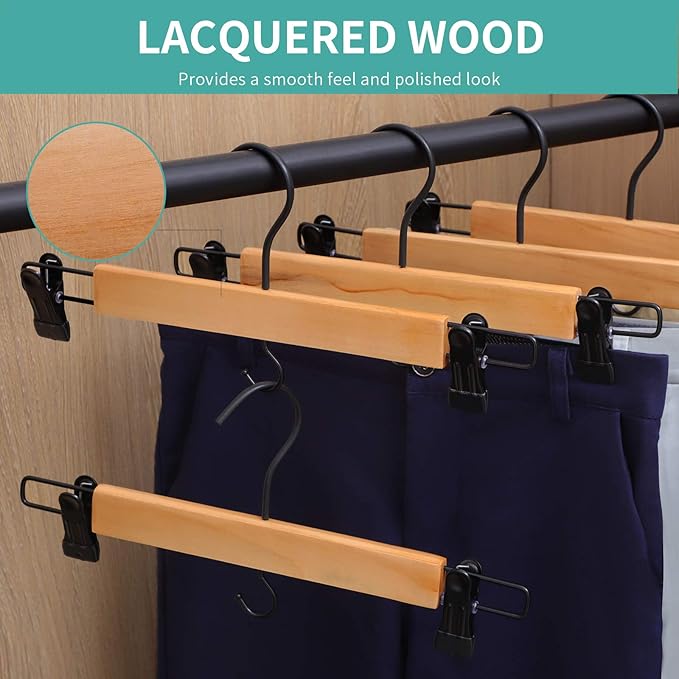 Premium Wooden Pants Hangers 10 Pack, Skirt Hangers with Two Sure Grip Clips, Noise Canceling Swivel Hook (Clear Natural)
