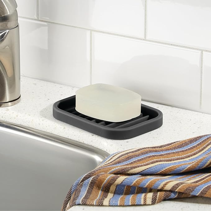 iDesign Silicone Soap Dish for Bar Soap or Scrub Brush - Ideal for Kitchen or Bathroom - Black