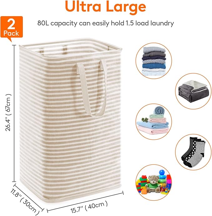 Lifewit 2 Pack Laundry Basket 80L Each, Collapsible Clothes Hamper with Reinforced Handles, Freestanding Waterproof Design for Bedroom and Laundry Room, Beige 160L Total