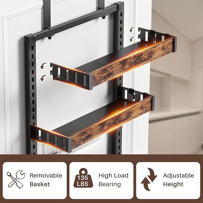 6 Tier Over The Door Pantry Organizer, 2 IN 1 Wall Mount or Metal Hanging Spice Rack for Pantry Organizers and Storage, Seasoning Shelves，Adjustable Basket with Hooks for Kitchen Cabinet and Closet