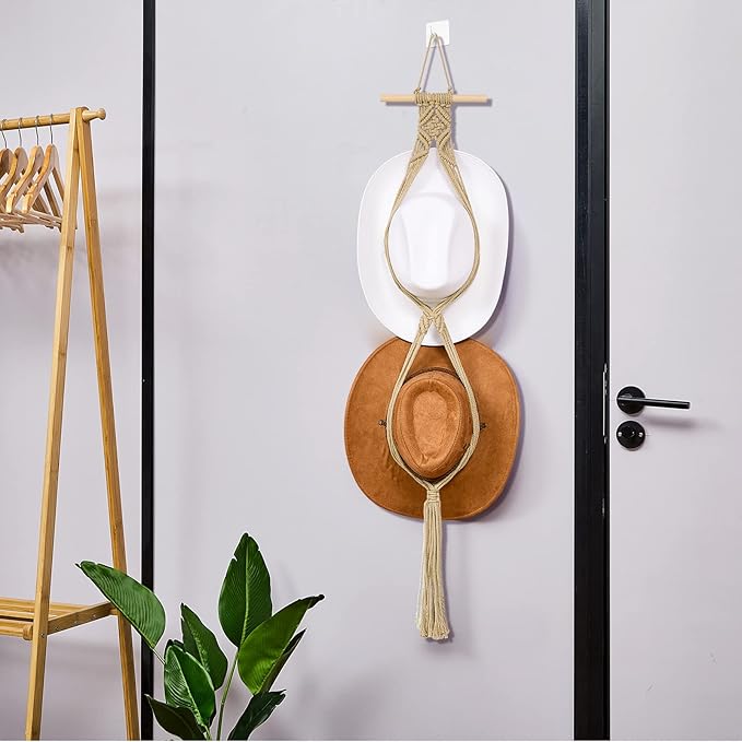 Yulejo Macrame Hat Hangers Racks Boho Cowboy Hats Holders Western Display Organizer Storage decor Back of Door for Wall(Beige,Two Hats Style)