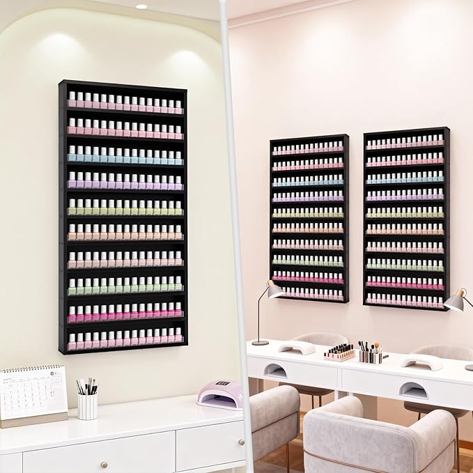 10-Tier Nail Polish Rack,Wall Mount Nail Polish Organizer w/Acrylic Baffle, 42*12 inch Salon Display Shelf for Home Spa & Nail Studio,Perfect for Lipstick,Perfume,Holds 120 Bottles(Black, L)