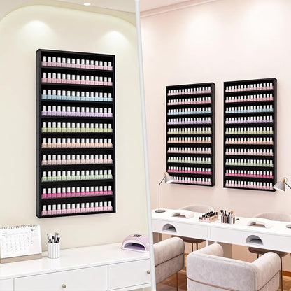 10-Tier Nail Polish Rack,Wall Mount Nail Polish Organizer w/Acrylic Baffle, 42*12 inch Salon Display Shelf for Home Spa & Nail Studio,Perfect for Lipstick,Perfume,Holds 120 Bottles(Black, L)