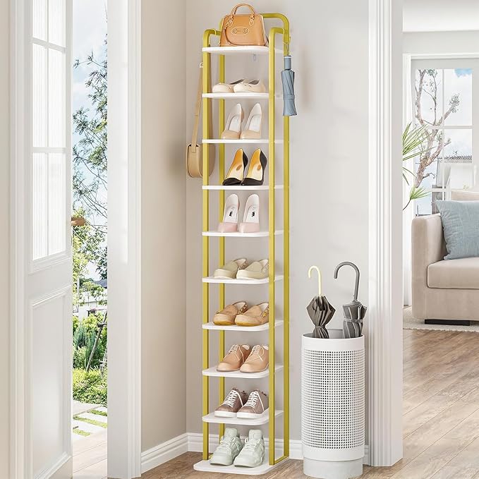 Hzuaneri 10 Tiers Vertical Shoe Rack, Narrow Shoe Tower, Tall Shoes Shelf with 2 Hooks, Adjustable Shelves, Corner Shoes Shelves for Small Spaces, Entryway, Living Room, White Gold SR11213A
