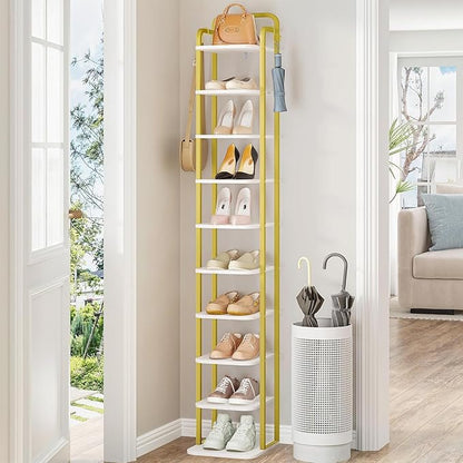 Hzuaneri 10 Tiers Vertical Shoe Rack, Narrow Shoe Tower, Tall Shoes Shelf with 2 Hooks, Adjustable Shelves, Corner Shoes Shelves for Small Spaces, Entryway, Living Room, White Gold SR11213A
