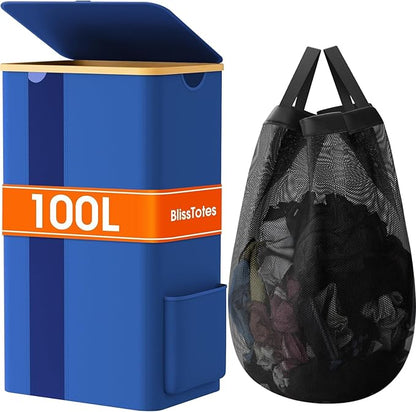 BlissTotes 100L Bamboo Laundry Hamper with Lid, Breathable Mesh Bag & Window, Portable, Moisture Resistant, Blue