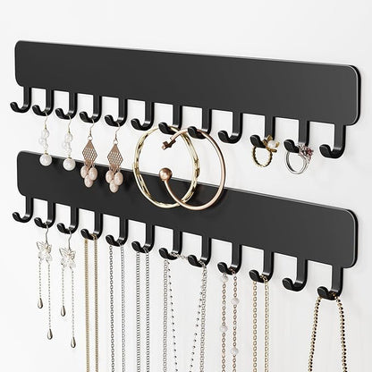 Wall-Mounted Jewelry Organizer, Self-Adhesive Hanging Holder with Hooks for Necklaces, Bracelets, Earrings - Display Storage for Women, 2PCS, Black
