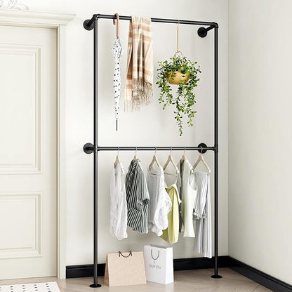 Industrial Pipe Clothing Rack Wall Mounted Garment Rack, Black Pipe Clothes Rack Retail Display Hanging Rod for Closet Storage, Laundry Room