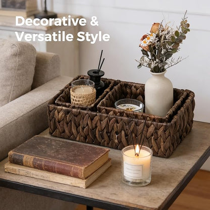 Wicker Storage Baskets Set of 3, Handwoven Water Hyacinth Baskets for Organizing, Large and Small Wicker Baskets Set, Decorative Natural Woven Baskets 3Pack for Pantry Shelves, Dark Brown