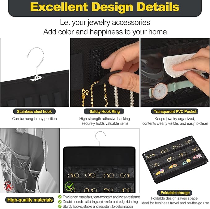 Hanging Jewelry Organizer with Multi-size pockets Double-Sided Jewelry Holder for Earrings, Necklaces, Rings on Closet, Wall, Door,Jewelry Organizer Hanging for Closet, Black