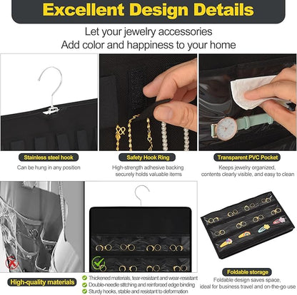 Hanging Jewelry Organizer with Multi-size pockets Double-Sided Jewelry Holder for Earrings, Necklaces, Rings on Closet, Wall, Door,Jewelry Organizer Hanging for Closet, Black