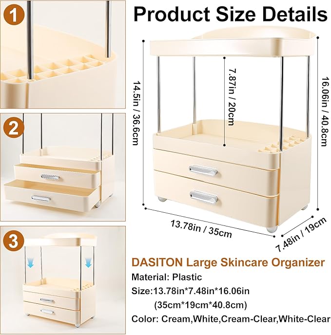 DASITON 4 Tiers Makeup Organizer, 2 Drawers Large Cosmetic Organizers for Vanity Bathroom Countertop, Bathroom Organizers and Storage for Skincare, Cosmetic, Perfume, Dresser Organizer (Cream+Cream)