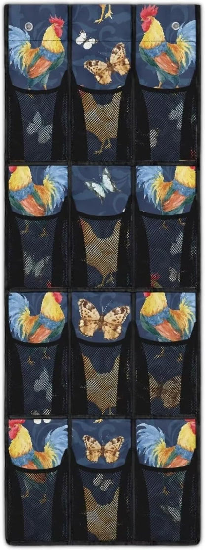 Over The Door Shoe Organizer, 12 Large Clear Mesh Pockets, Space Saving Hanging Storage Holder, Hangs On Closets for Shoes, Accessories,Roosters