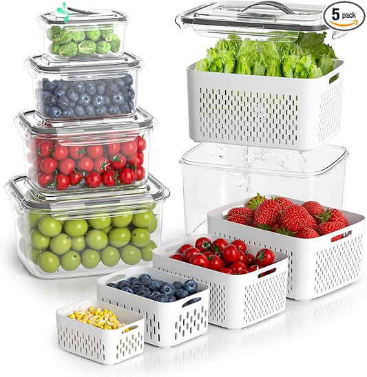 BOICHU Fruit Storage Containers for Fridge - 5 Size Berry Containers for Fridge Keep Fresh with Colanders and Vent Handle Lids, Clear Vegetable Storage Containers for Refrigerator, Lettuce Keeper