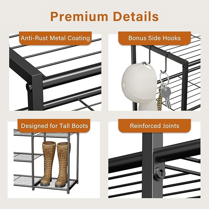 4-Tier Metal Shoe Rack for Entryway Closet, Heavy Duty Metal Shoe Organizer Storage Shelf with Tall Boot Space, Space Saving Free Standing Shoe Tower for Garage Bedroom Hallway, Black
