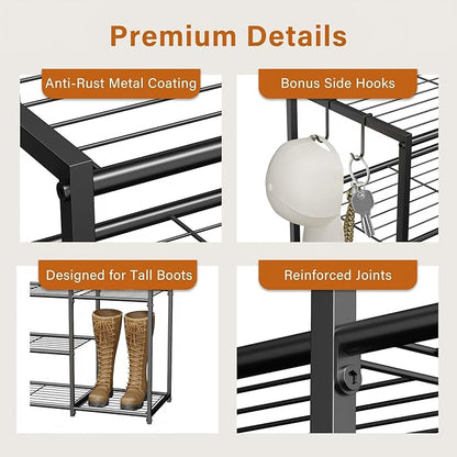 4-Tier Metal Shoe Rack for Entryway Closet, Heavy Duty Metal Shoe Organizer Storage Shelf with Tall Boot Space, Space Saving Free Standing Shoe Tower for Garage Bedroom Hallway, Black