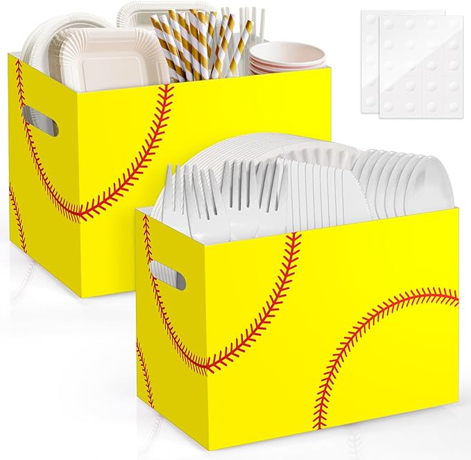 2PCS Softball Utensil Holder Paper Utensil Caddy for Softball Party Decorations Disposable Cutlery Holder with Handles for Birthday Party Supplies Girls Women Sports Party Favors Cutlery Caddy