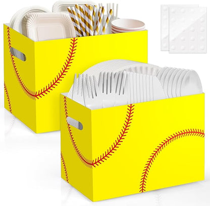 2PCS Softball Utensil Holder Paper Utensil Caddy for Softball Party Decorations Disposable Cutlery Holder with Handles for Birthday Party Supplies Girls Women Sports Party Favors Cutlery Caddy
