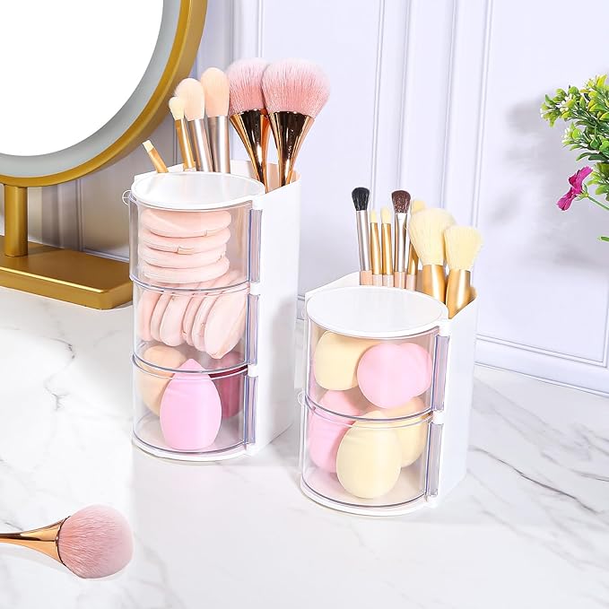 DASITON 2-Layer Makeup Brush Holder with Hair Accessories Organizer, Rotatable Desktop Organizer Case for Hair Clip, Makeup Sponge, Jewelry and Hair Accessories, Hair Brush Holder for Vanity (White)